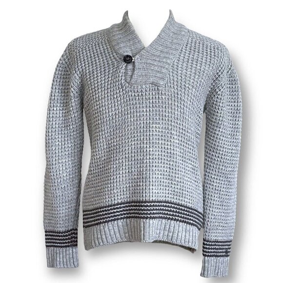 Celtic & Co Mens Gray Wool Shawl Collar Sweater Sz L Chunky Knit Made in England - Picture 1 of 6
